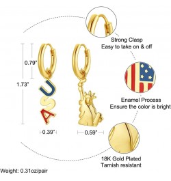 4th of July Earrings 18K Gold Plated Patriotic American Flag Hoop Earring USA Star Statue of Liberty Map Mismatched Dangle En...