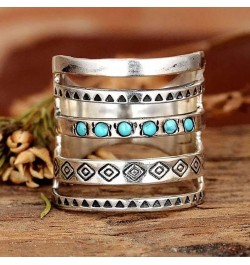 Boho Style Carved Ring Hollowed Out Retro Turquoise Ring Vintage Blue Synthetic-Turquoise Ring Round Stone Ring Silver Plated...