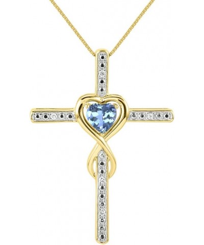 Heart Gemstone & Diamond Cross Necklace. 6MM Birthstone. 18" Chain. Elegant Jewelry for Women - Yellow Gold Plated Silver BLU...