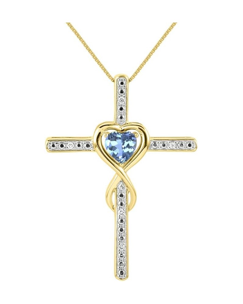 Heart Gemstone & Diamond Cross Necklace. 6MM Birthstone. 18" Chain. Elegant Jewelry for Women - Yellow Gold Plated Silver BLU...