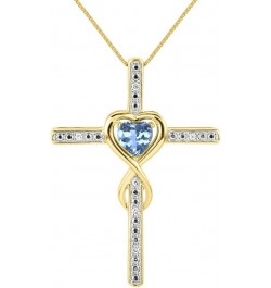 Heart Gemstone & Diamond Cross Necklace. 6MM Birthstone. 18" Chain. Elegant Jewelry for Women - Yellow Gold Plated Silver BLU...