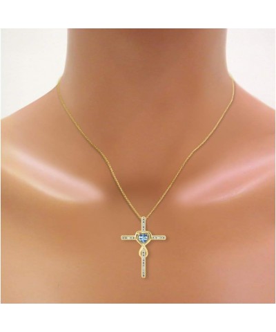 Heart Gemstone & Diamond Cross Necklace. 6MM Birthstone. 18" Chain. Elegant Jewelry for Women - Yellow Gold Plated Silver BLU...