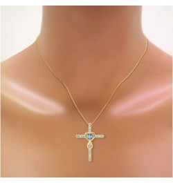 Heart Gemstone & Diamond Cross Necklace. 6MM Birthstone. 18" Chain. Elegant Jewelry for Women - Yellow Gold Plated Silver BLU...