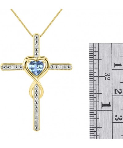 Heart Gemstone & Diamond Cross Necklace. 6MM Birthstone. 18" Chain. Elegant Jewelry for Women - Yellow Gold Plated Silver BLU...