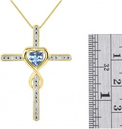 Heart Gemstone & Diamond Cross Necklace. 6MM Birthstone. 18" Chain. Elegant Jewelry for Women - Yellow Gold Plated Silver BLU...