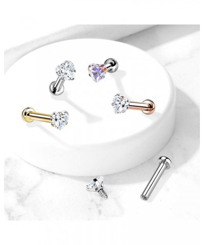 16 Gauge Heart CZ Prong Set Top Internally Threaded Micro Base 316L Surgical Steel Labret, Flat Back Studs For Lip, Chin, Nos...