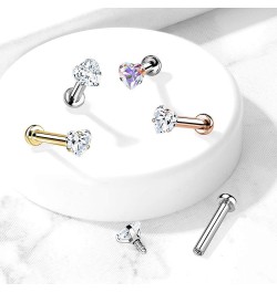 16 Gauge Heart CZ Prong Set Top Internally Threaded Micro Base 316L Surgical Steel Labret, Flat Back Studs For Lip, Chin, Nos...