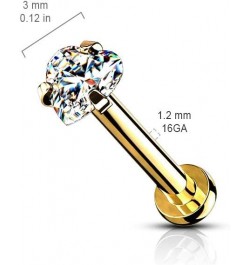 16 Gauge Heart CZ Prong Set Top Internally Threaded Micro Base 316L Surgical Steel Labret, Flat Back Studs For Lip, Chin, Nos...