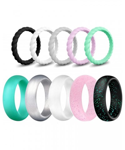 Silicone Wedding Ring Bands for Women 10 Pack Size 5.5-6 Womens Thin Stackable & Flash Powder Rubber Wedding Band Rings 5.7mm...