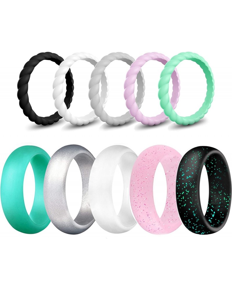 Silicone Wedding Ring Bands for Women 10 Pack Size 5.5-6 Womens Thin Stackable & Flash Powder Rubber Wedding Band Rings 5.7mm...