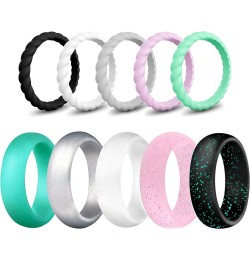 Silicone Wedding Ring Bands for Women 10 Pack Size 5.5-6 Womens Thin Stackable & Flash Powder Rubber Wedding Band Rings 5.7mm...