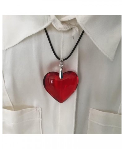 Red Heart Translucent Large Peach Heart Necklace Black Leather Rope Y2k Necklace Women'S Jewelry $5.00 Necklaces