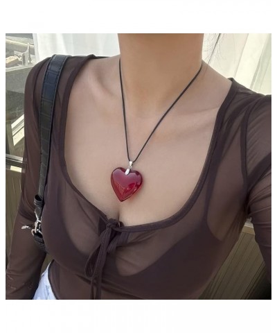 Red Heart Translucent Large Peach Heart Necklace Black Leather Rope Y2k Necklace Women'S Jewelry $5.00 Necklaces