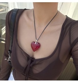 Red Heart Translucent Large Peach Heart Necklace Black Leather Rope Y2k Necklace Women'S Jewelry $5.00 Necklaces