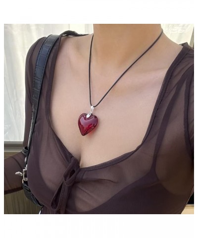 Red Heart Translucent Large Peach Heart Necklace Black Leather Rope Y2k Necklace Women'S Jewelry $5.00 Necklaces