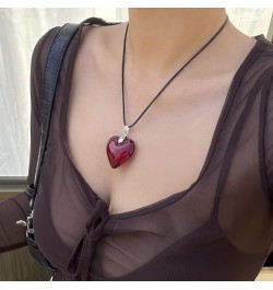 Red Heart Translucent Large Peach Heart Necklace Black Leather Rope Y2k Necklace Women'S Jewelry $5.00 Necklaces