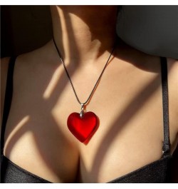 Red Heart Translucent Large Peach Heart Necklace Black Leather Rope Y2k Necklace Women'S Jewelry $5.00 Necklaces