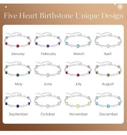 925 Sterling Silver Birthstone Bracelets for Women, Five Love Heart Link Charm Bracelet Valentines Day Gift for Her, Birthday...