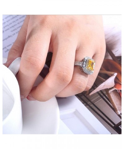 Women 925 Sterling Silver Princess Cut Citrine Ring Cushion Cut Cubic Zirconia CZ Statement Halo Engagement Ring Wedding Jewe...