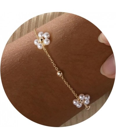 Pearl Bracelet, 14K Gold Plated Pearl Bracelets for Women Daisy Pearl Flower Gold Beaded Station Pearl Bracelets 22-Pearl Flo...