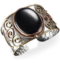 Adjustable Cuff with Stainless Steel Base, Brass, Copper, and Black Onyx Stone for Women CopperBrass $17.50 Bracelets