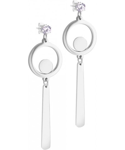 Stainless Steel CZ Round Circle & Dangle Long Bar Earrings for Women Silver $10.99 Earrings