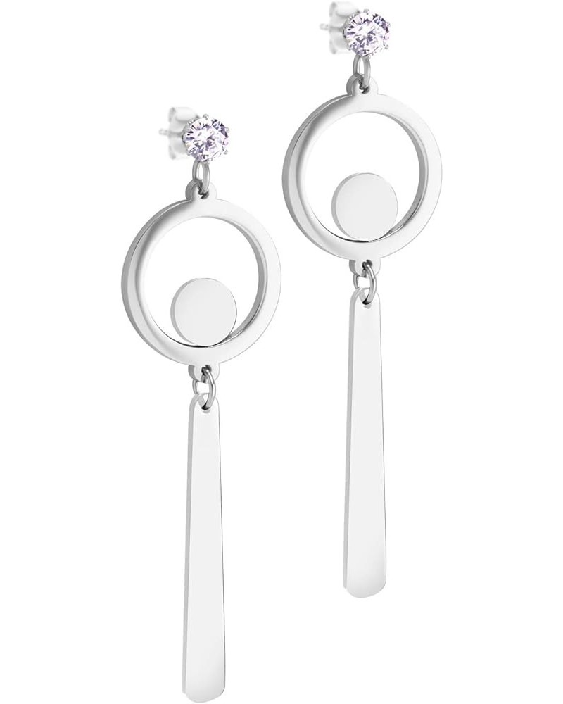 Stainless Steel CZ Round Circle & Dangle Long Bar Earrings for Women Silver $10.99 Earrings