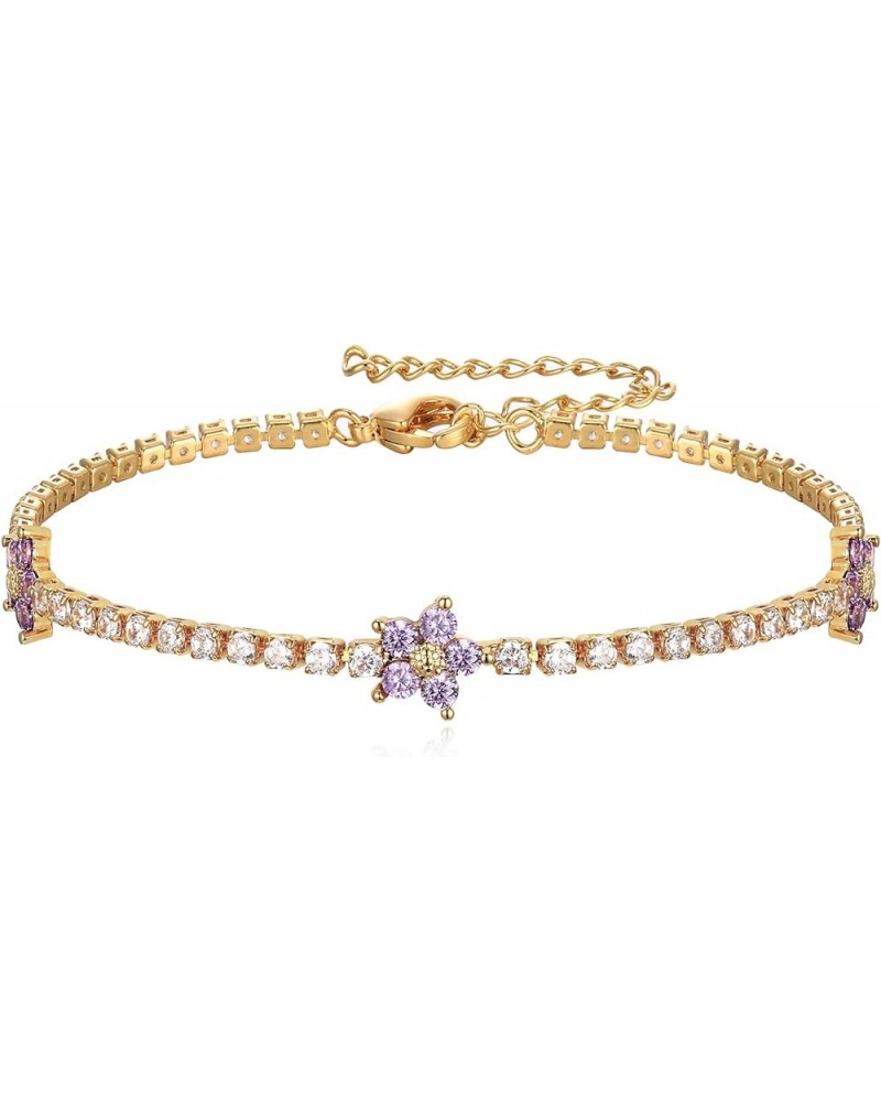 14K Gold Plated Cubic Zirconia Classic Tennis Bracelet Adjustable(Flowers, Heart, Butterfly, Cross, Water drop) Flowers-purpl...