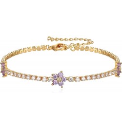 14K Gold Plated Cubic Zirconia Classic Tennis Bracelet Adjustable(Flowers, Heart, Butterfly, Cross, Water drop) Flowers-purpl...