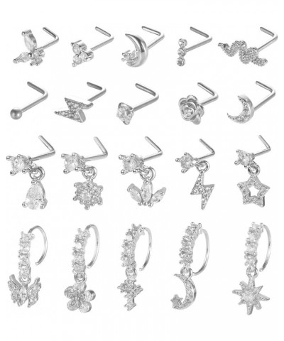 20Pcs 20G Dangle Nose Ring L Shaped Dangling Nose Stud for Women Stainless Steel Nose Ring Studs CZ Flower Dangle Nose Rings ...