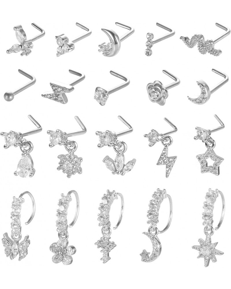 20Pcs 20G Dangle Nose Ring L Shaped Dangling Nose Stud for Women Stainless Steel Nose Ring Studs CZ Flower Dangle Nose Rings ...