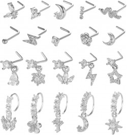 20Pcs 20G Dangle Nose Ring L Shaped Dangling Nose Stud for Women Stainless Steel Nose Ring Studs CZ Flower Dangle Nose Rings ...