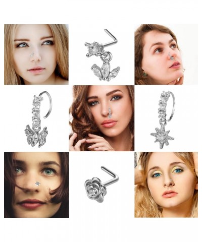 20Pcs 20G Dangle Nose Ring L Shaped Dangling Nose Stud for Women Stainless Steel Nose Ring Studs CZ Flower Dangle Nose Rings ...