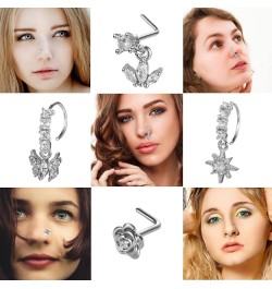 20Pcs 20G Dangle Nose Ring L Shaped Dangling Nose Stud for Women Stainless Steel Nose Ring Studs CZ Flower Dangle Nose Rings ...