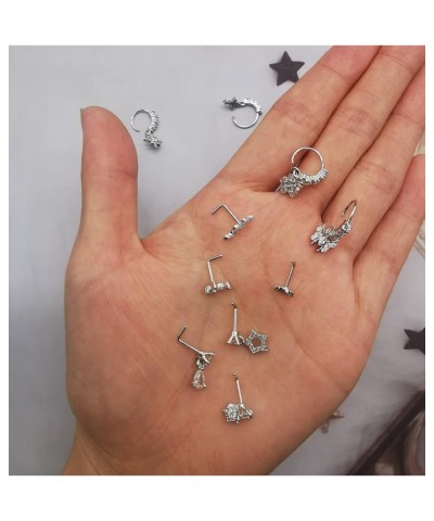 20Pcs 20G Dangle Nose Ring L Shaped Dangling Nose Stud for Women Stainless Steel Nose Ring Studs CZ Flower Dangle Nose Rings ...