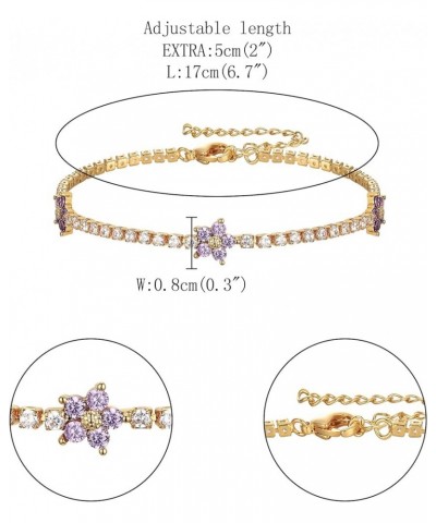 14K Gold Plated Cubic Zirconia Classic Tennis Bracelet Adjustable(Flowers, Heart, Butterfly, Cross, Water drop) Flowers-purpl...