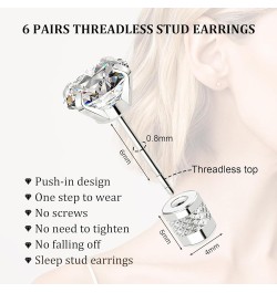 Threadless Flat Back Stud Earrings, 6 Pairs Titanium Hypoallergenic Earrings for Women Men, Cubic Zirconia Silver Gold Stud E...