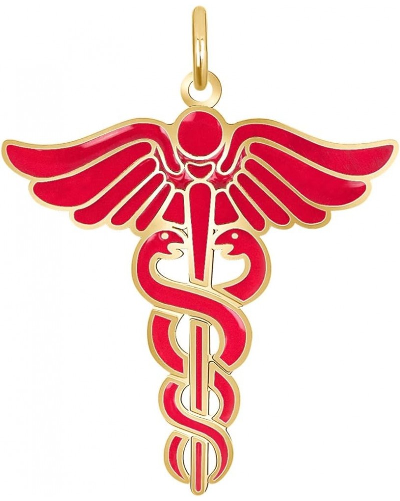 Caduceus Necklace in Solid 14k Gold, Gold Necklace for Doctor Nurse, Made in America Pendant Only Red Enamel Yellow Gold $120...