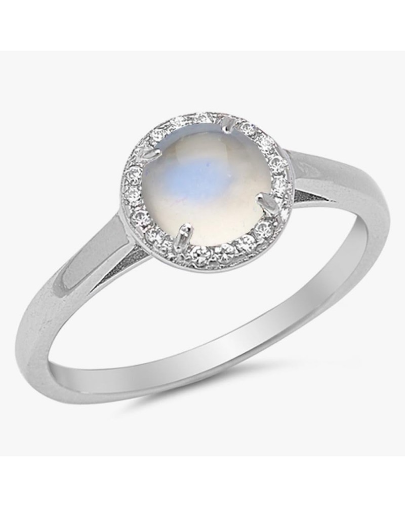 CHOOSE YOUR COLOR Sterling Silver Round Halo Ring White Natural Moonstone Cabochon $25.51 Rings