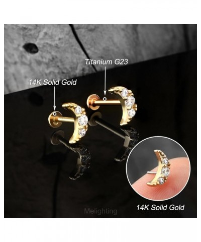 14K Solid Gold Moon Flat Back Earring Gold Threadless Earring Titanium Cartilage Earring for Women Threadless Push in Earring...