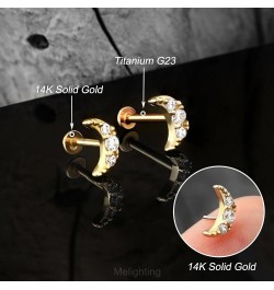 14K Solid Gold Moon Flat Back Earring Gold Threadless Earring Titanium Cartilage Earring for Women Threadless Push in Earring...