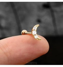 14K Solid Gold Moon Flat Back Earring Gold Threadless Earring Titanium Cartilage Earring for Women Threadless Push in Earring...