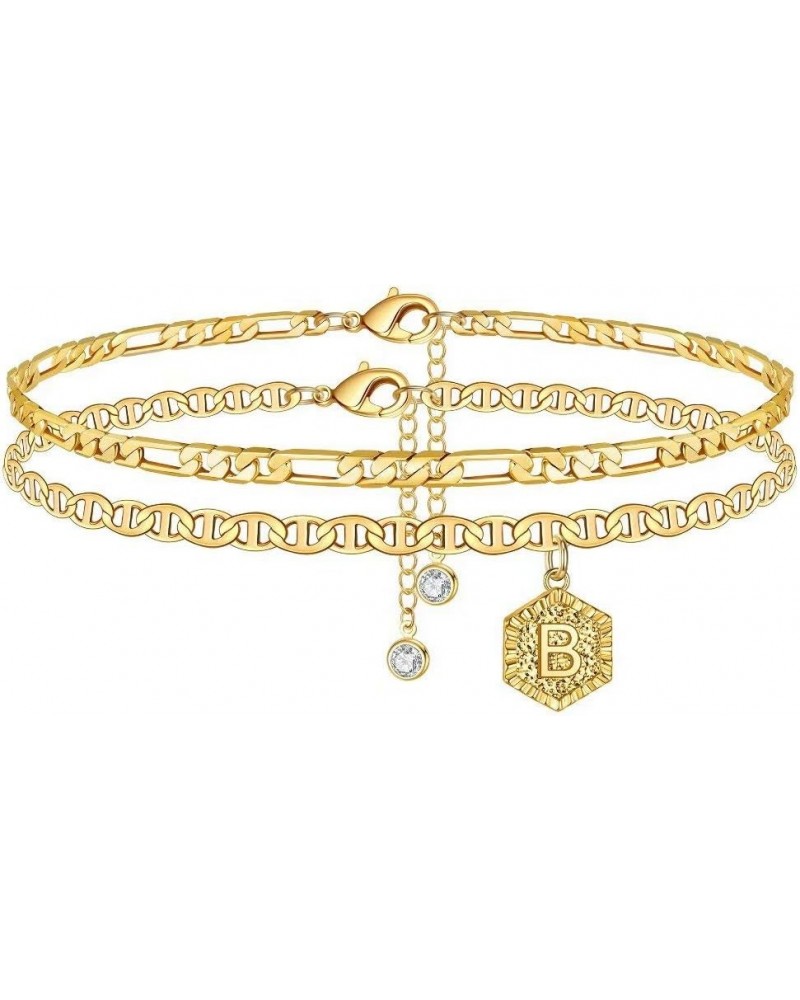 Initial Ankle Bracelets for Women, 14K Gold Plated Double Layered Initial Anklets Jewelry for Women Teen B-Gold $10.44 Anklets