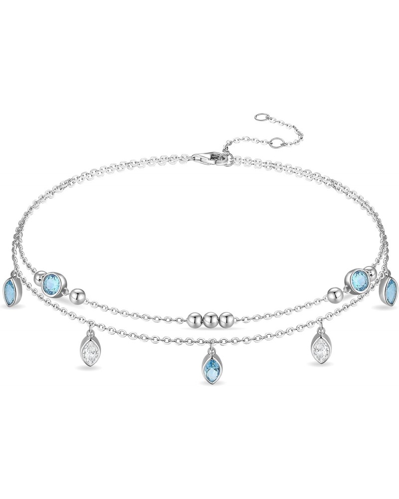 Anklet Bracelets For Women, 925 Sterling Silver Layered Anklet Adjustable London Blue Topas December Birthstone Beaded Chain ...