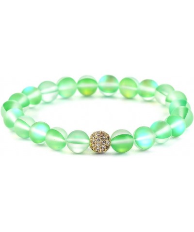 8 mm Mystic Glowing Mermaid Glass Bracelet Moonstone Beaded Stretch Bracelet with zircon crystal beads Green gold-plated-bras...