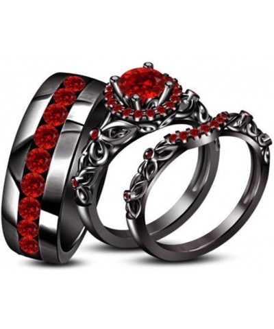 Triostar 14K Black Gold Plated 925 Sterling Silver Created Red Garnet Trio Bridal Wedding His & Her Ring Band Set Women's Siz...