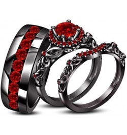 Triostar 14K Black Gold Plated 925 Sterling Silver Created Red Garnet Trio Bridal Wedding His & Her Ring Band Set Women's Siz...