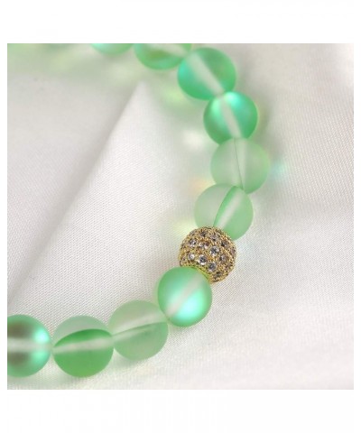 8 mm Mystic Glowing Mermaid Glass Bracelet Moonstone Beaded Stretch Bracelet with zircon crystal beads Green gold-plated-bras...