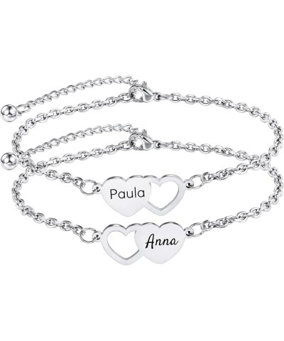 2～3 PCS Personalized Heart Shape Bracelets Set Customized 1～3 Names for Women Friendship BFF Bracelets for 2～3 Sisters 2-Silv...