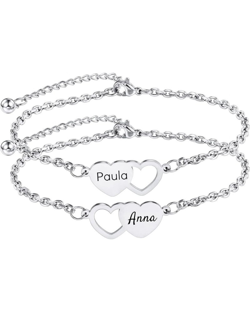 2～3 PCS Personalized Heart Shape Bracelets Set Customized 1～3 Names for Women Friendship BFF Bracelets for 2～3 Sisters 2-Silv...